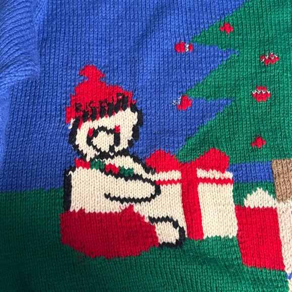 Vintage 90s Allen Solly Wool Christmas Sweater Tree Gifts Santa Hat Blue Large - Picture 13 of 15